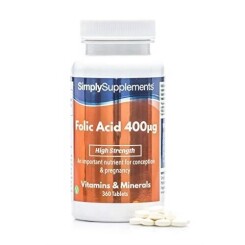 Acide folique (Vitamine B9) 400mcg - 360 Comprimés - Adapté aux végétaliens -Jusqu’à 1 an de bienfaits - SimplySupplements