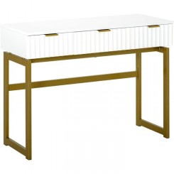 Console Table d'appoint Style Art déco dim. 100L x 40l x 76H cm 3 tiroirs façades texturées métal doré MDF Blanc