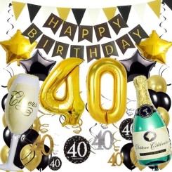 40ème bon anniversaire décorations, noir or bannière de happy birthday nombre 40 étoile bouteilles & verre à champagne ballon en alu