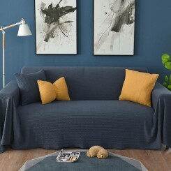 Jeté de canapé Tissé en Coton Jeté de lit Couleur Pure - Bleu - 90 x 210 cm- Tapis de Salon Couverture de Fauteuil