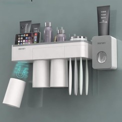 Boite Panier rangement salle de bain douche, Support brosse a dent rasoir dentifrice, Porte brosse à dent mural design, 3 tasse Gris