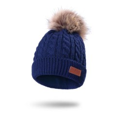 Bonnet pour enfants en fil de laine tricoté d'hiver, chapeau pour enfants de protection auditive chaude en plein air d'hiver, bleu - Triomphe