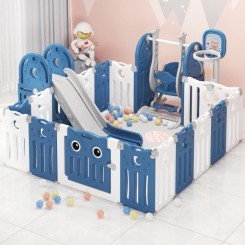 16 pièces Parc pliable pour bébé - grille de protection avec toboggan et support de basket (tapis et décorations non inclus)