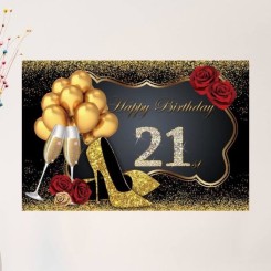 1 PC toile de fond joyeux 21e anniversaire verre à champagne serres hauts ballons imprimé photographie tissu   COUSSIN