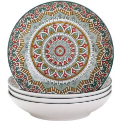 , Série Mandala, Assiette Creuse en Porcelaine 4 pièces, Assiette à Soupe Pâte, 21cm, 700ml- Style Royal Bohémien