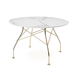 KARTELL table ronde GLOSSY Ø 118 cm (Blanc - Grès finition Marbre et acier doré)