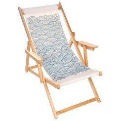 Chaise et fauteuil de jardin Lona Chilienne transat bois d'eucalyptus tissu 100% coton elvas blanc cassé, imprimé vagues bleus