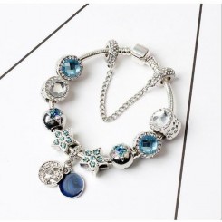 18CM Bleu Charms Bracelet Pandora Style bijoux Femme CZ Trèfle Charms Femme