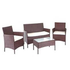 Salon de jardin avec fauteuils banc et table en poly-rotin marron et coussin crème mdj04146