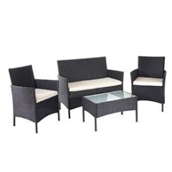 Salon de jardin avec fauteuils banc et table en poly-rotin noir et coussin crème mdj04145