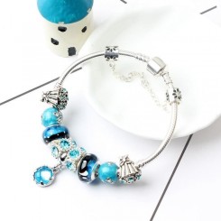 18CM Bleu Charms Bracelet Pandora style bijoux Femme CZ Trèfle Charms Femme