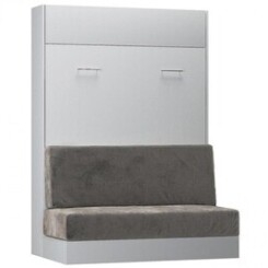 Armoire lit escamotable studio sofa canapé intégré blanc mat et microfibre gris couchage 140*200 cm