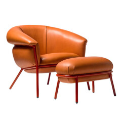 BD BARCELONA DESIGN fauteuil avec repose-pied pouf ottoman GRASSO (Dark Orange F20 et structure rouge - cuir Florida Cat. F et acier verni)