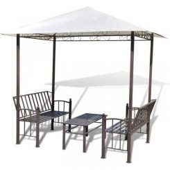 Tente Tonnelle avec bancs et table en metal effet fer forgé - Pavillion de Jardin - Blanc - exterieur mobilier Gloriette