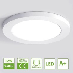 12W Plafonnier LED Rond, Φ16 x 1,3 cm Ultra-fin Lampe de Plafond Encastrable, 960LM Luminaire LED, Eclairage Intérieur pour Chambre, Couliur,
