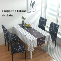 1 Nappe + 4 Housses de chaise 140x180cm, Anti tache Imperméable Housse de table + Tissu extensible Housse de chaise-10