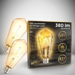 2 ampoules LED Edison Vintage ST64 I E27, 4W, blanc chaud 2700K, intensité lumineuse 380lm, ampoule rétro à filament