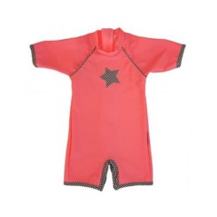 Combinaison anti UV bébé fille Nina rose corail fluo motif étoile