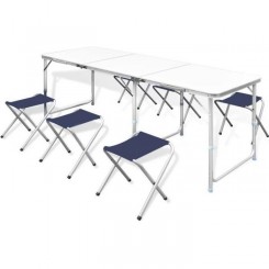 @Fine7811Top Table Pliante de Camping + 6 Tabourets - Table de jardin Table à manger de 4 à 6 personnes Contemporain Pique Nique 180
