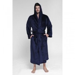 Peignoir à capuche pour Homme Robe de Chambre Manches Longue avec poches et Revers Doux Chaud M-3XL Bleu